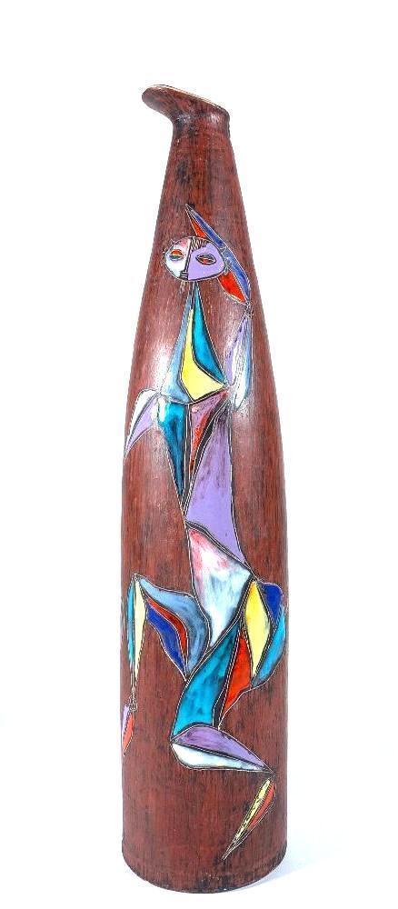 Marcello Fantoni Italy Glazed Ceramic Ewer for Raymor: Marcello Fantoni Italy Glazed Ceramic Vase For Raymor , c.1950-60, of tapering form in striated brown and black decorated with stylized dancers in colorful glazes, signed at base. Dimensions: 20 in. h