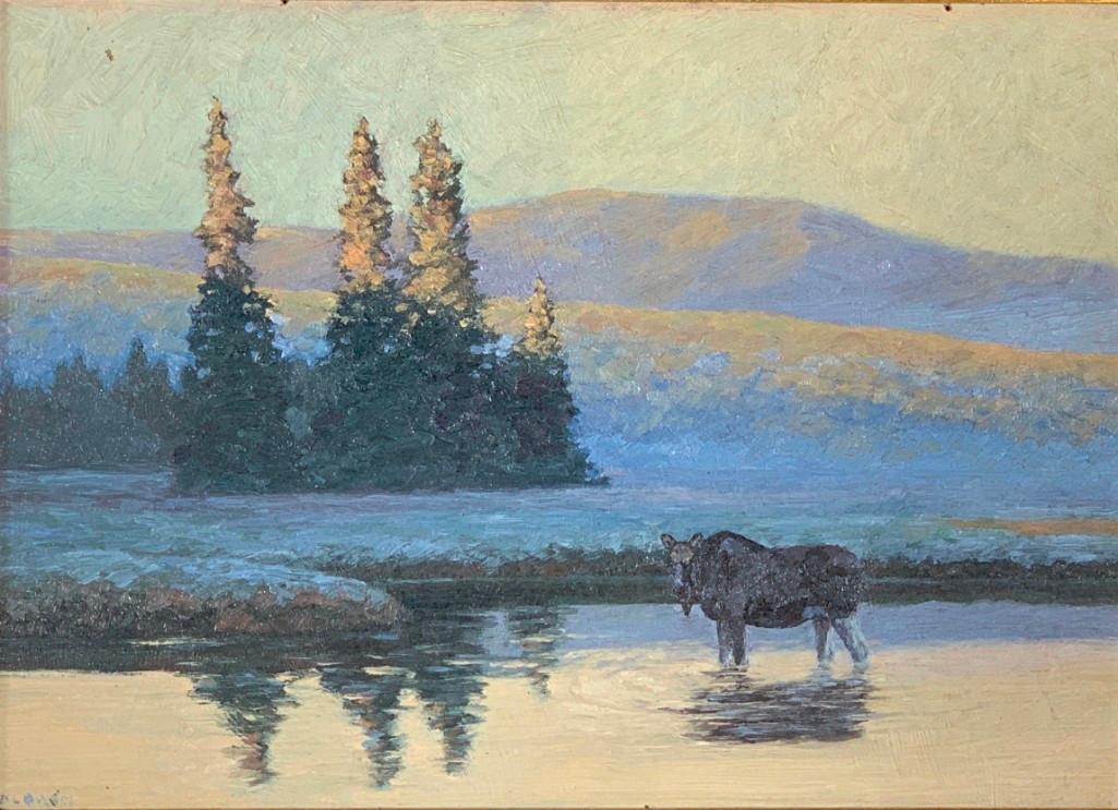 Paul Colbron (American, Wyoming, 1902-1952): Paul Colbron (American, Wyoming, 1902-1952) Female Moose in the Wilderness, oil on masonite, signed lower left, framed. Dimensions: 9.5 x 14 in. 15 x 19.5 in. as framed. Condition: Tiny paint loss upp