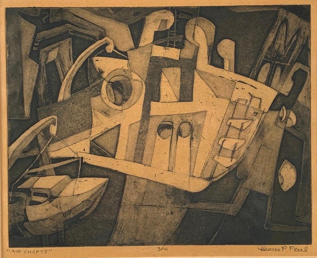 Moses P. Pearl (American, OH 1917-2003): Moses P. Pearl (American, OH 1917-2003) "Air Shafts," etching and aquatint on paper, signed in ink lower right, titled, numbered 3/10, matted and framed Dimensions: 8 x 10 in. Image size, 16 x 17 in. 