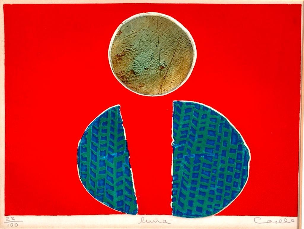 Caillo (20thc.): Caillo (20thc.) "Luna," mixed media print with intaglio, signed in pencil, lower right, titled, numbered 22/100, matted and framed. Dimensions: 9 x 11 in. Image size, 15 x 19 in. As framed. Condition: