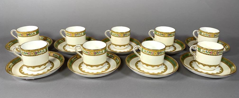 Mintonâ€™s Demitasse Cups and Saucers: Mintonâ€™s Demitasse Cups and Saucers, comprising 10 demitasse cups and 9 saucers, decorated with a floral pattern in yellow, green and pink, stamped Mintonâ€™s in pink/puce and numbered H41