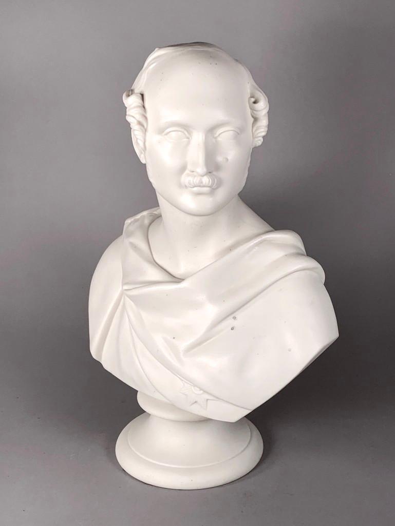 Parian Porcelain Bust of Prince Albert: Parian Porcelain Bust of Prince Albert, Victoriaâ€™s beloved Prince bust length in toga style dress. Marked W.H. Kerr Worcester. Dimensions: 14 x 10 x 5 in. Condition: Very good with 3 minor firi