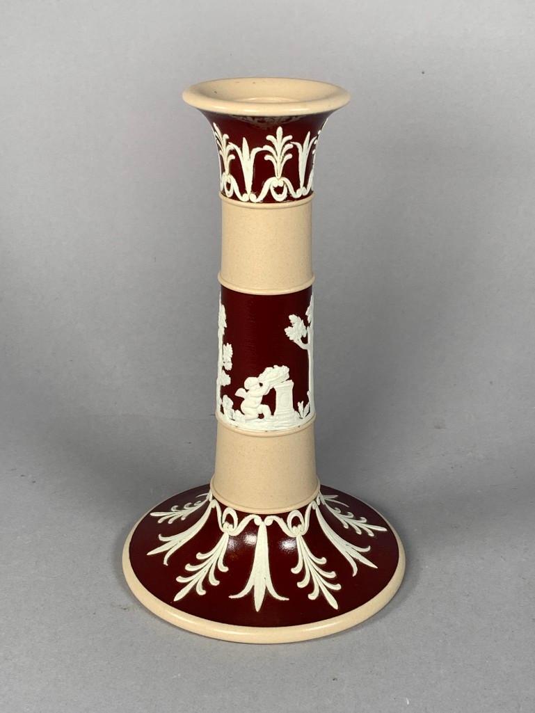 Copeland Tricolor Jasperware Candlestick: Copeland Tricolor Jasperware Candlestick, of tapering form on circular foot, decorated in brown, buff and cream with cherubs depicting the seasons Summer and Fall. Impressed Copeland to base. Dimensio