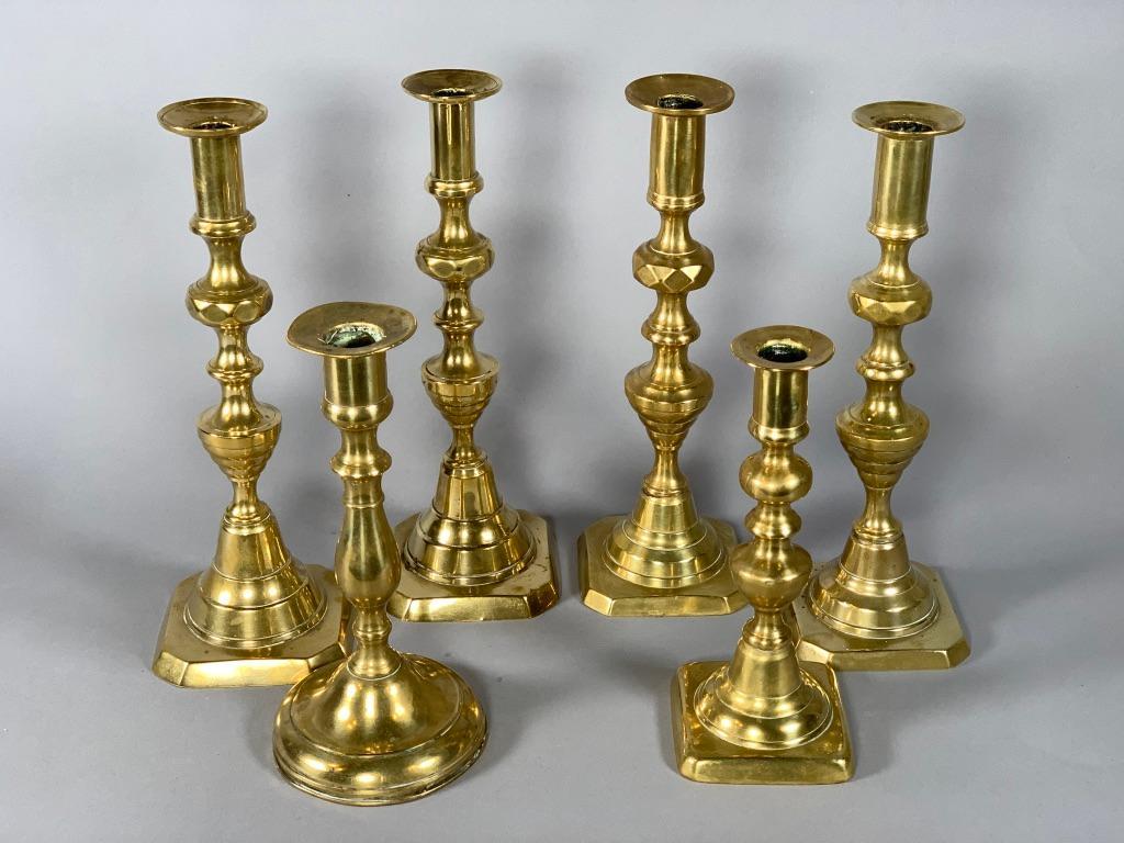 Six Assorted Antique Brass Candlesticks (1 of 3)