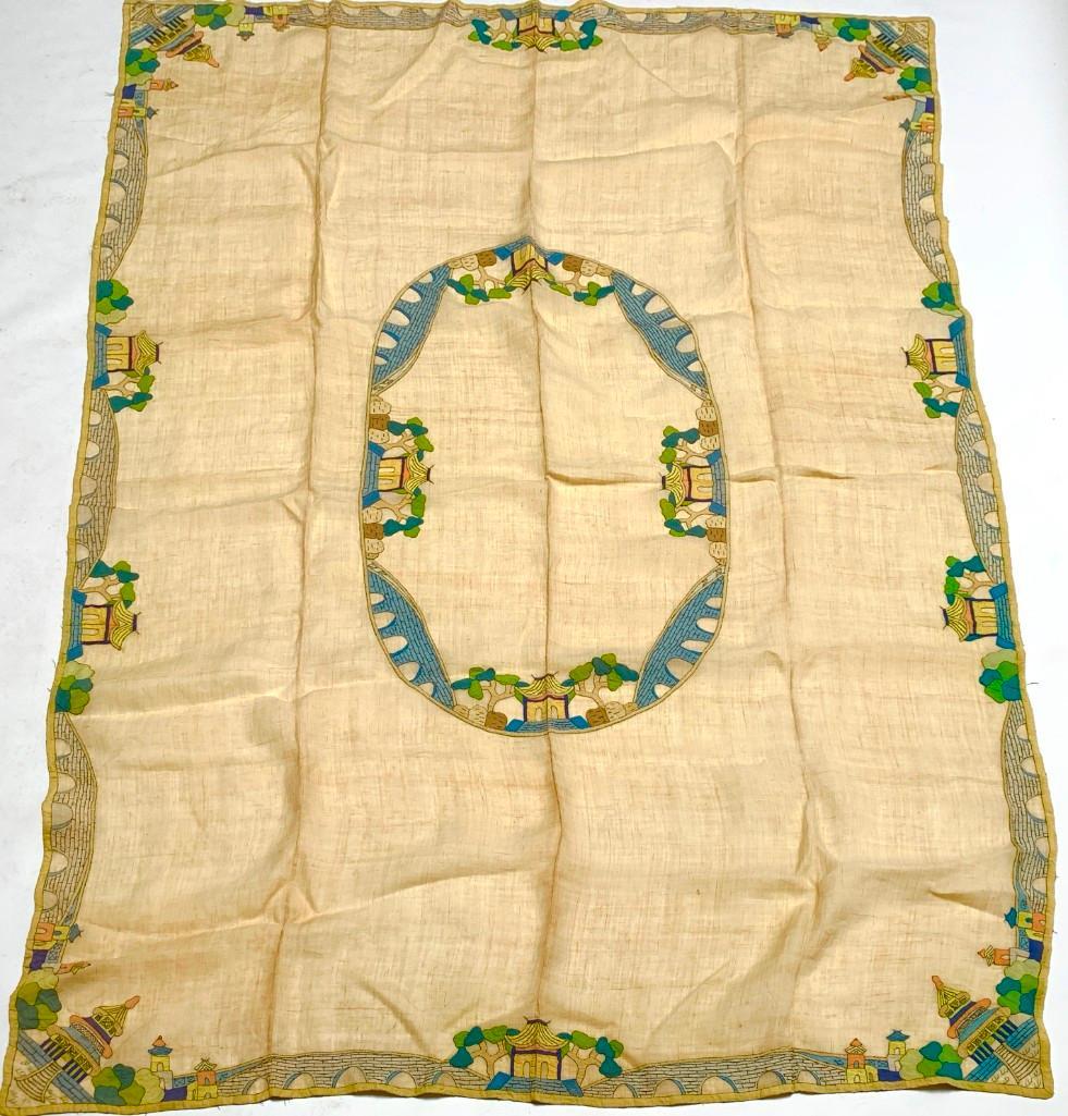 Vintage Linen Tablecloth with Chinese Style Applique (1 of 5)