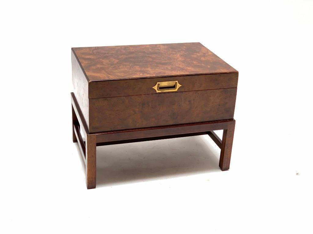 Oyster Burl Chest on Stand by Henredon: Oyster Burl Chest on Stand, Modern, rectangular form with hinged cover opening to mahogany lined interior, on squared stand. Dimensions: 19 x 25 x 17 in.