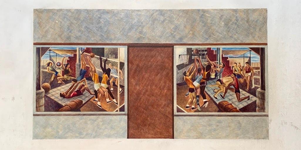 Clarence Van Duzer (American 1920-2009): Clarence Van Duzer (American 1920-2009) "Physical Education, " 1945, tempera on masonite, student study, bearing label verso describing the assignment. Framed. Dimensions: 16 x 30 in. 17 x 31 in. as f