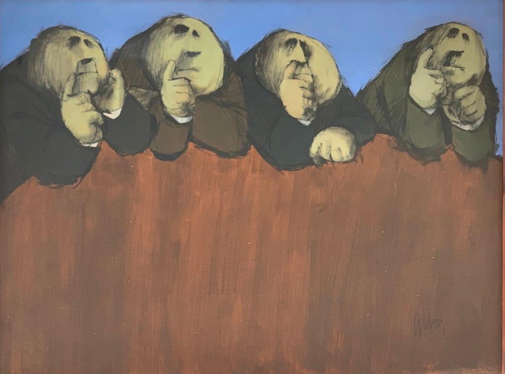 Tom Wilson (American, 1931-2011): Tom Wilson (American, 1931-2011) "Unanimous," mixed media on illustration board, signed lower right, framed. Dimensions: 35.5 x 48 in. Condition: Minor scuffs, accretions (splattered paint)