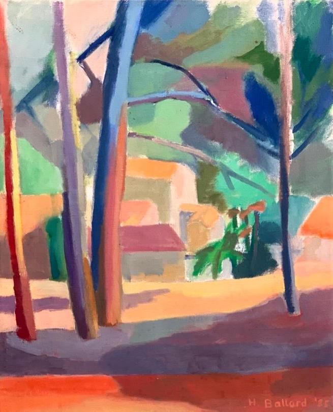 Harriet Moore Ballard (American, 20/21stc.): Harriet Moore Ballard (American, 20/21stc.) "Lacoste, Provence, France, Fall," 1985, oil on canvas, signed and dated lower right, inscribed verso, strip framed. Dimensions: 21.5 x 17.5 in. Condition: