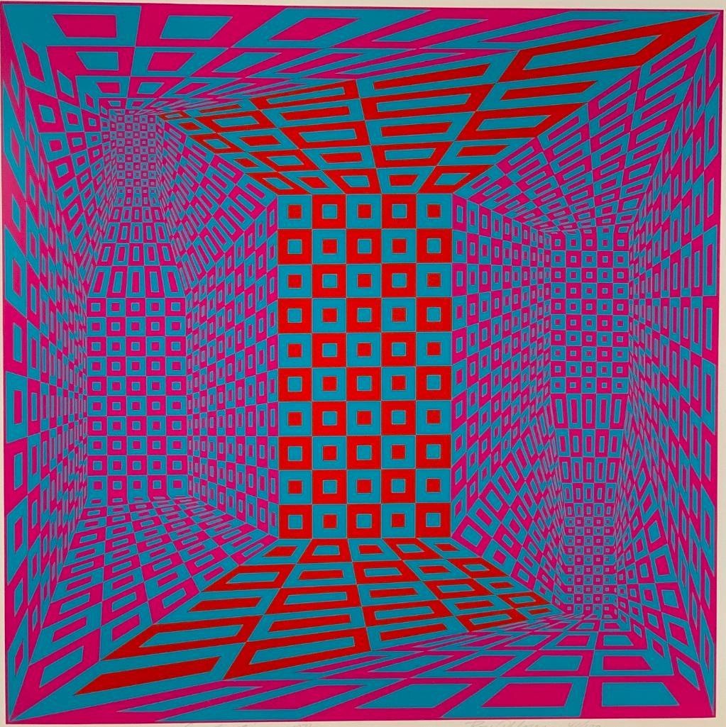 Roy Ahlgren (American, 1927-2001): Roy Ahlgren (American, 1927-2001) "Concantenation," 1971, serigraph, signed and dated in pencil, lower right, numbered 41/100, inscribed, titled, matted and framed. Dimensions: 18 x 18 in. Image size,
