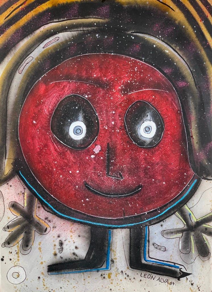 Leon Alva (Mexican b.1963): Leon Alva (Mexican b.1963) Little Creature, 1987, mixed media on paper, signed and dated lower left, matted and framed. Dimensions: 27 x 19.5 in. image size, 35 x 27 in. as framed. Condition: Very goo