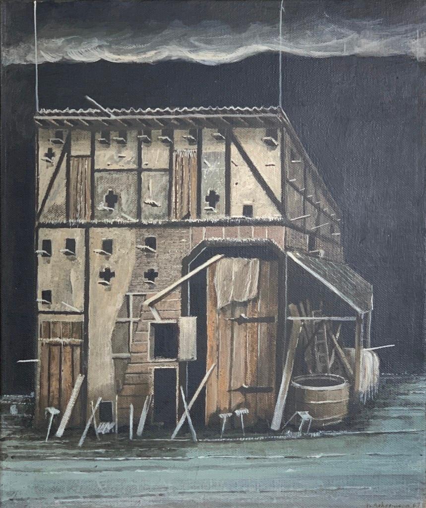 Peter Ackermann (German 1934-2007): Peter Ackermann (German 1934-2007) "Dovecote, " 1967, oil on canvas, signed and dated lower right, framed. Titled and dated verso. Framed. Dimensions: 12 x 10 in. canvas size, 15.5 x 13.5 in. as frame
