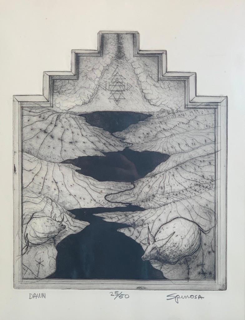 Gary Spinosa (American, b.1947): Gary Spinosa (American, b.1947) "Dawn," etching on paper, signed in pencil lower right, titled, numbered 25/50, framed. Published for NOVA, The New Organization for The Visual Arts, Cleveland, Ohio. D