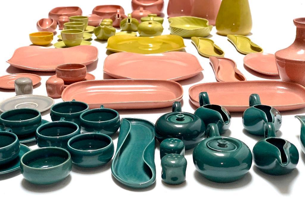 Russell Wright Tableware Collection: Russell Wright Assorted Table wares, including 3 pitchers, 1 jug, 5 covered sugars, 6 creamers, 10 salt/peppers, 2 sauce boats and 1 under plate, 1 lug soup, 4 green tea cups and saucers plus 5 green 