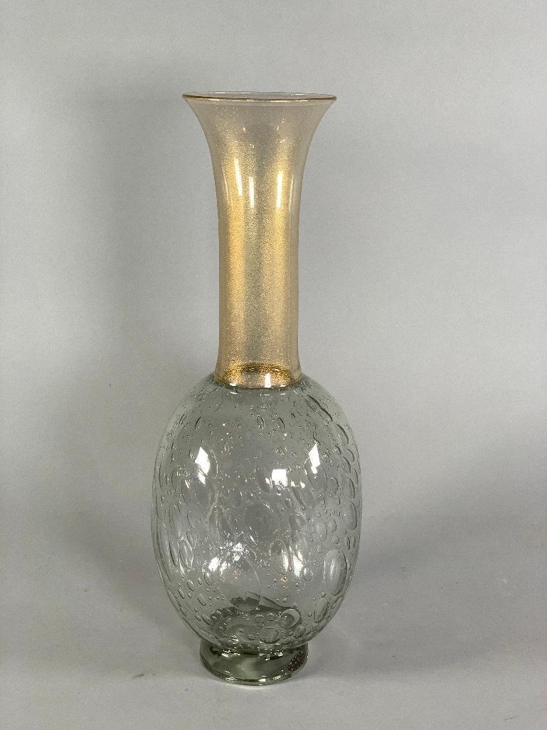 Tall Seguso Murano for Donghia Art Glass Vase, Modern: Tall Seguso Murano for Donghia Art Glass vase, Modern, ovoid baluster form with tall slender neck in pale grey glass with controlled internal air bubbles, the neck in clear glass with gilt foil inclus