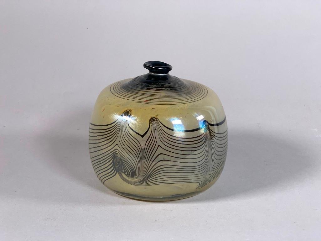 Erwin Eisch (German, b. 1927): Erwin Eisch (German, b. 1927 ) Art glass vase, of squat shouldered form with small everted mouth, in mottled pale glass with black pulled and trailed designs, signed and dated 1979. Dimensions: 6 in.h