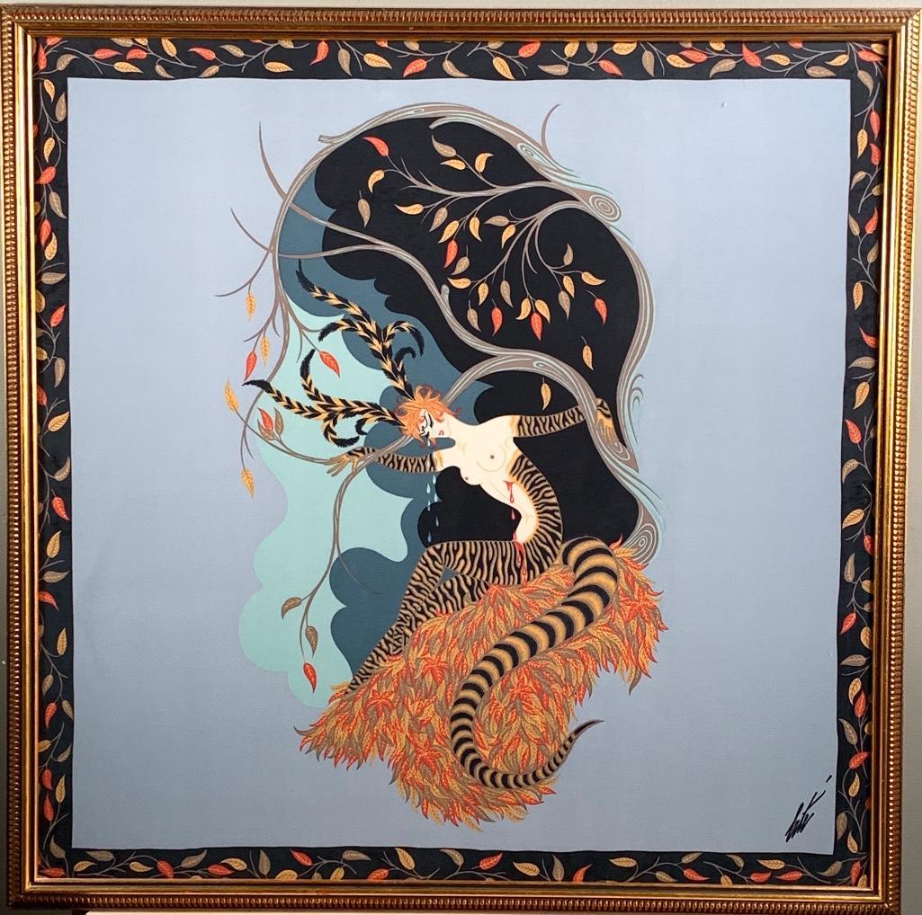 Framed Silk Scarf By Erte: Framed Silk Scarf By Erte, Tigerlily, framed. Dimensions: 36 x 36 in.as framed. Condition: Very good with no apparent damage or repair. Not examined out of frame.