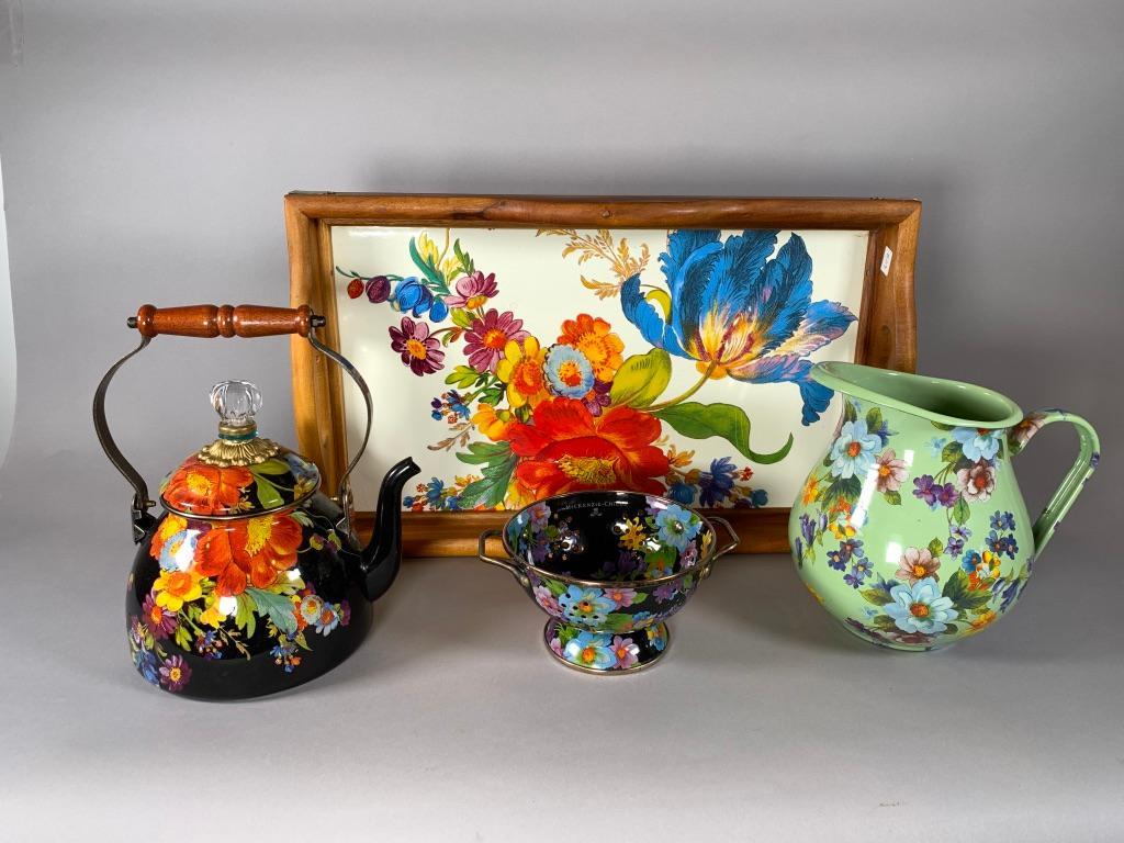 Mackenzie Childs Assorted Lot: Mackenzie Childs Assorted Lot, including enameled pitcher in green with floral design, enamel teapot and colander in black with floral design, together with a Mackenzie Childs acacia wood and enamel b