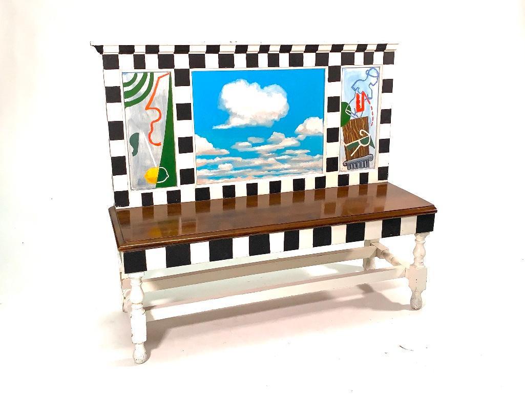 Painted Bench by Catherine Redmond (American,: Painted Bench by Catherine Redmond (American, 20/21stc.) Painted bench for Spaces Gallery November Benefit, 1988. Wood bench with painted decoration. Signed and dated on obverse. Dimensions: 42 x 48 x