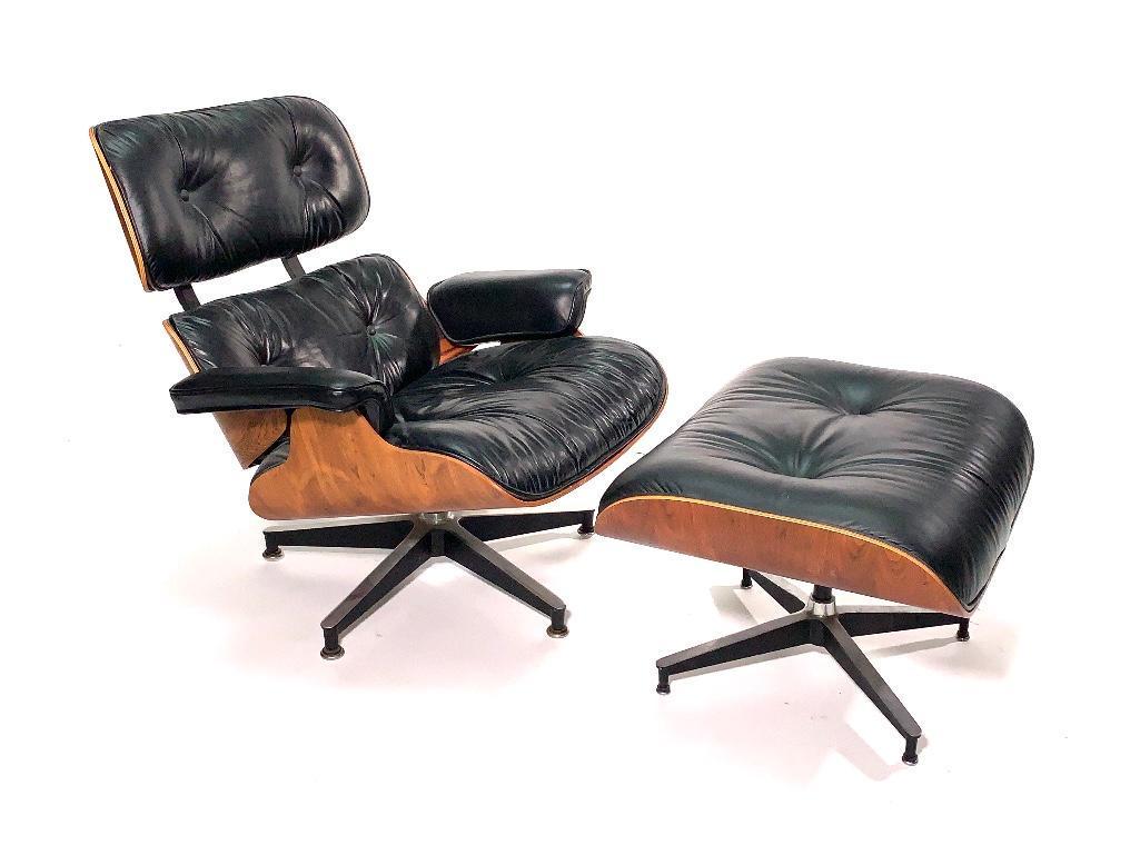 Charles and Ray Eames Lounge Chair and Ottoman: Charles and Ray Eames Lounge Chair and Ottoman, Model 670 and 671, molded laminated rosewood, leather, enameled aluminum and rubber, with Herman Miller labels and patent tags, date stamp Apr. 6 1976 t