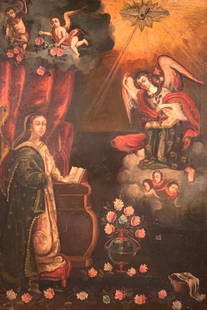 18thc. Spanish Colonial School, Annunciation: 18thc. Spanish Colonial School, Annunciation to the Virgin, oil on canvas, framed. Dimensions: 39 x 26 in. canvas size 44 x 31 in. as framed Condition: Old patch repair to verso on lower right,