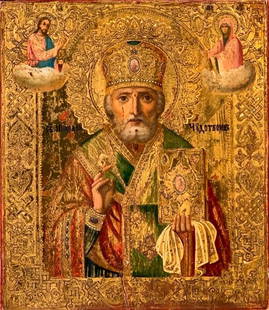 Russian Painted and Gilded Icon, St.Nicholas: Russian Painted and Gilded Icon, St.Nicholas, with Christ and the Virgin Mary, painted on wood panel and gilded, framed. Dimensions: 12 x 10.5 in. wood panel 24 x 21 in. as framed Condition: two age