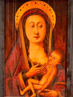 Madonna and Child, 15thc. Style Oil: Madonna and Child, 15thc. Style, 20thc. oil on drywall panel, a trompe l'oeil style depiction of the Madonna and child, unsigned, framed. Dimensions: 17 x 11 in. 19 x 15. 5 in. as framed. 