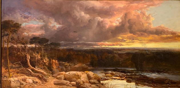 James Webb Oil, Thunder Clouds, 1858: James Webb (British 1825-1895) "Thunder Clouds," 1858, oil on canvas, signed and dated lower left, framed. Dimensions: 26 x 51 in. canvas size 33 x 58 in. as framed Condition: Relined.