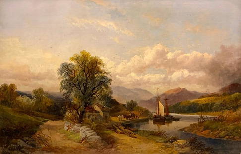 Joseph Horlor Oil, Severn River, Wales, c.1870: Joseph Horlor (British 1809-1887) "On the Severn River, Wales," c.1870, signed lower left, framed. Provenance: Private Collection, Cleveland Ohio Tregoning Fine Art, Cleveland, Ohio Private