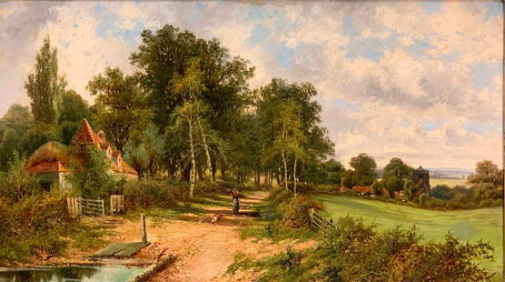 Octavius Thomas Clark, Oil, Summer Landscape: Octavius Thomas Clark (British 1850-1921) Summer Landscape with Farm and Extensive Countryside View, oil on canvas, signed lower left, framed. Dimensions: 24 x 42 in. canvas size 30 x 47 in. as