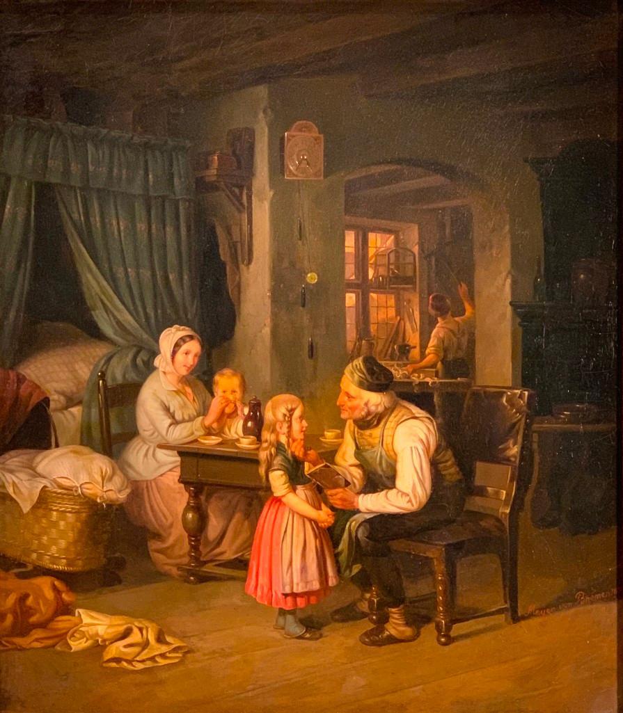 Johann Georg Meyer von Bremen Oil, A Good Story, 1852: Johann Georg Meyer von Bremen (German 1813-1886) A Good Story, 1852, oil on canvas, signed and dated lower right, framed. Dimensions: 16.5 x 14.5 in. canvas 24 x 22 in. as framed. Condition: Scattered