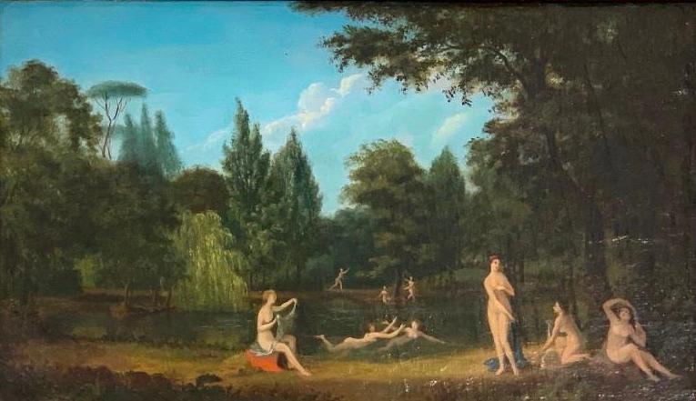 Early 19thc. Continental School Oil, Bathing Nymphs: Early 19thc. Continental School, Nymphs Bathing at a Pool, oil on canvas mounted on masonite, unsigned, framed. Dimensions: 9.5 x 16 in. 13.5 x 21 in. as framed. Condition: Light scatttered touch up a