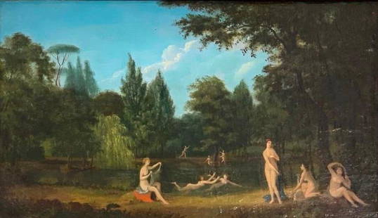 Early 19thc. Continental School Oil, Bathing Nymphs: Early 19thc. Continental School, Nymphs Bathing at a Pool, oil on canvas mounted on masonite, unsigned, framed. Dimensions: 9.5 x 16 in. 13.5 x 21 in. as framed. Condition: Light scatttered touch