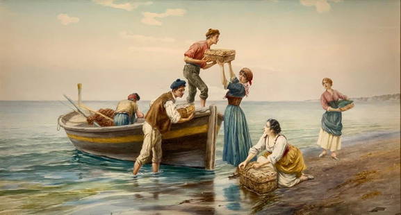 Pietro Gabrini Watercolor, Return of the Fishermen: Pietro Gabrini (Italian 1856-1926) Return of the Fishermen, watercolor on paper, signed lower left, inscribed Roma, framed. Dimensions: 21 x 38 in. image size, 28 x 45 in as framed. Condition: