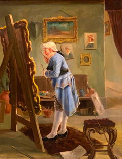 D.W. Ballon Large Oil, Collector in Studio: D.W. Ballon (19th/20thc.) The Collector in the Artist's Studio, oil on canvas, signed lower left, framed. Dimensions: 36 x 27.5 in. canvas size 48 x 39 in. as framed Condition: Relined, repaired