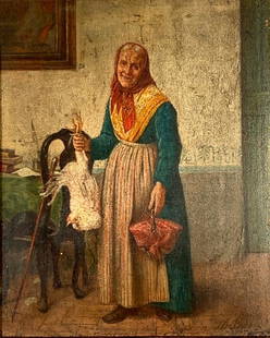 19thc. Continental School Oil, Old Woman: 19thc. Continental School Oil, Old Woman with Chicken, oil on board, signed lower right, framed. Dimensions: 8.5 x 6.5 in. image size 13.5 x 12 in. as framed Condition: As is with surface grime, and