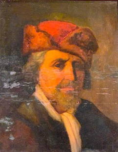 19thc. German School Oil, Portrait, Gentleman in Red: 19thc. German School, Portrait of a Gentleman in a Red Hat, oil on wood panel, unsigned, framed. Dimensions: 20 x 15 in. panel size 24 x 20 in. as framed Condition: Vertical pattern of drying cracks