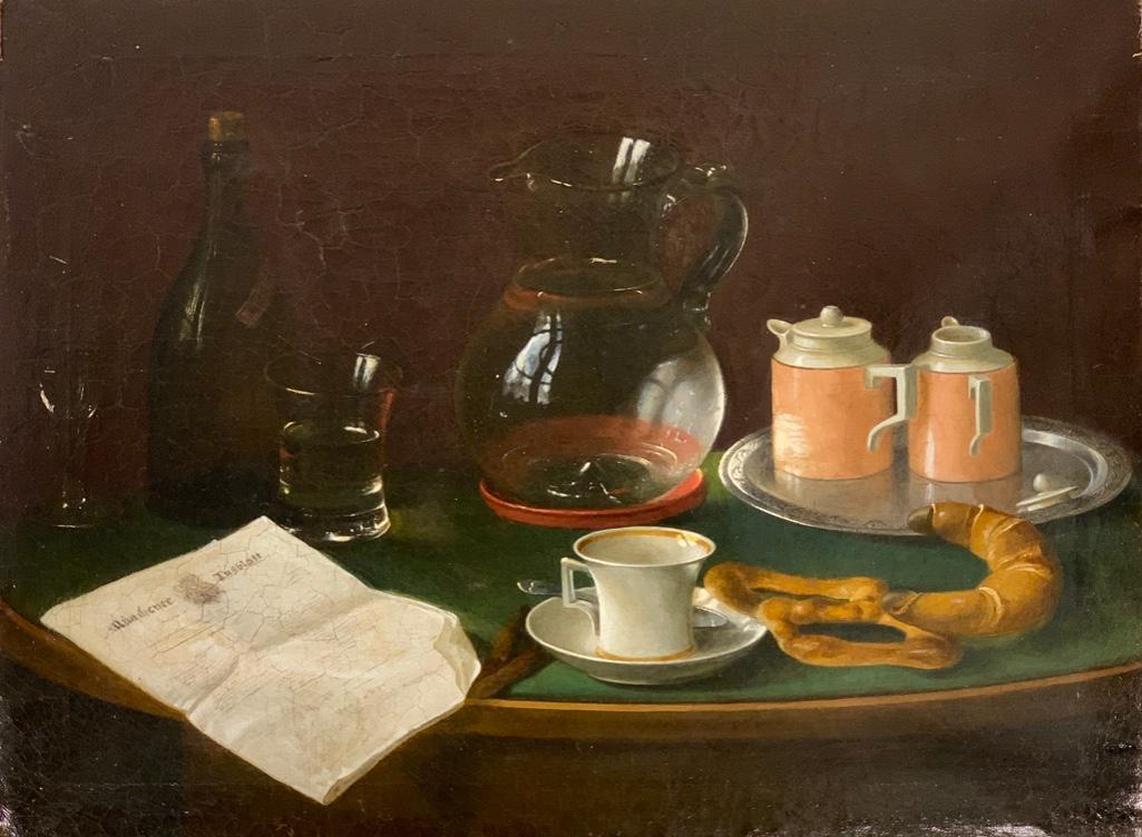 19thc. German School Oil, Still Life with Morning Paper: 19thc. German School, Still Life with Morning Paper, Pitcher, Glass, Tea cup and Milk Jugs, oil on canvas, unsigned, unframed. Dimensions: 22.5 x 26 in. Condition: In-painting to craquelure throughout