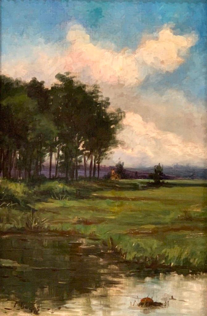 Frank Myers Boggs Oil, View of New York From Staten: Frank Myers Boggs( OH, France, 1855-1926) "View of New York from Staten Island," oil on canvas, signed lower left, framed. Frame inscribed verso. M28 Dimensions: 18 x 12 in. canvas size 25 x 17 in. as