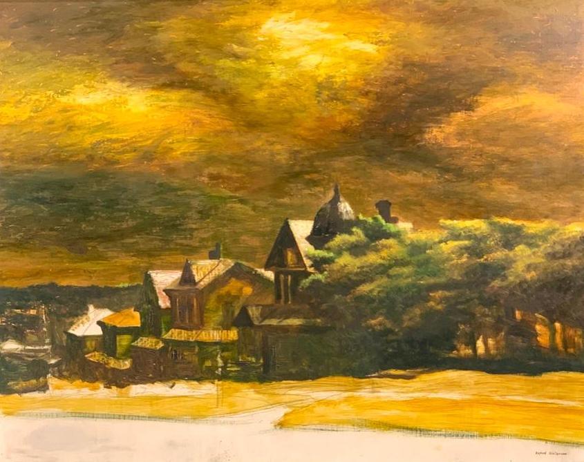 Raphael Gleitsmann Oil, Hill Town, Yellow Light: Raphael Gleitsmann (American, Cleveland School,1910-1995) Hill Town, Yellow Light, oil and graphite on masonite, signed lower right, framed. Dimensions: 23 x 29 in. panel size 30 x 35.5 in. as framed 