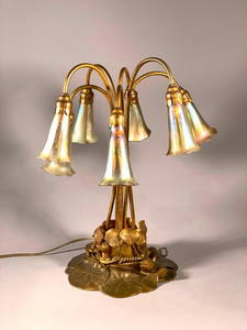 Tiffany Bronze and Favrile Glass Seven Light Lily Lamp