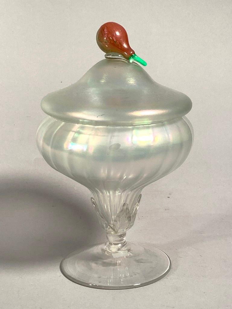Frederick Carder for Steuben Verre de Soie Covered: Frederick Carder for Steuben Verre de Soie Covered Compote, ribbed form with circular foot and domed cover, the satandard with applied leaves, the dome cover with a hand blown pear form with stem (lac