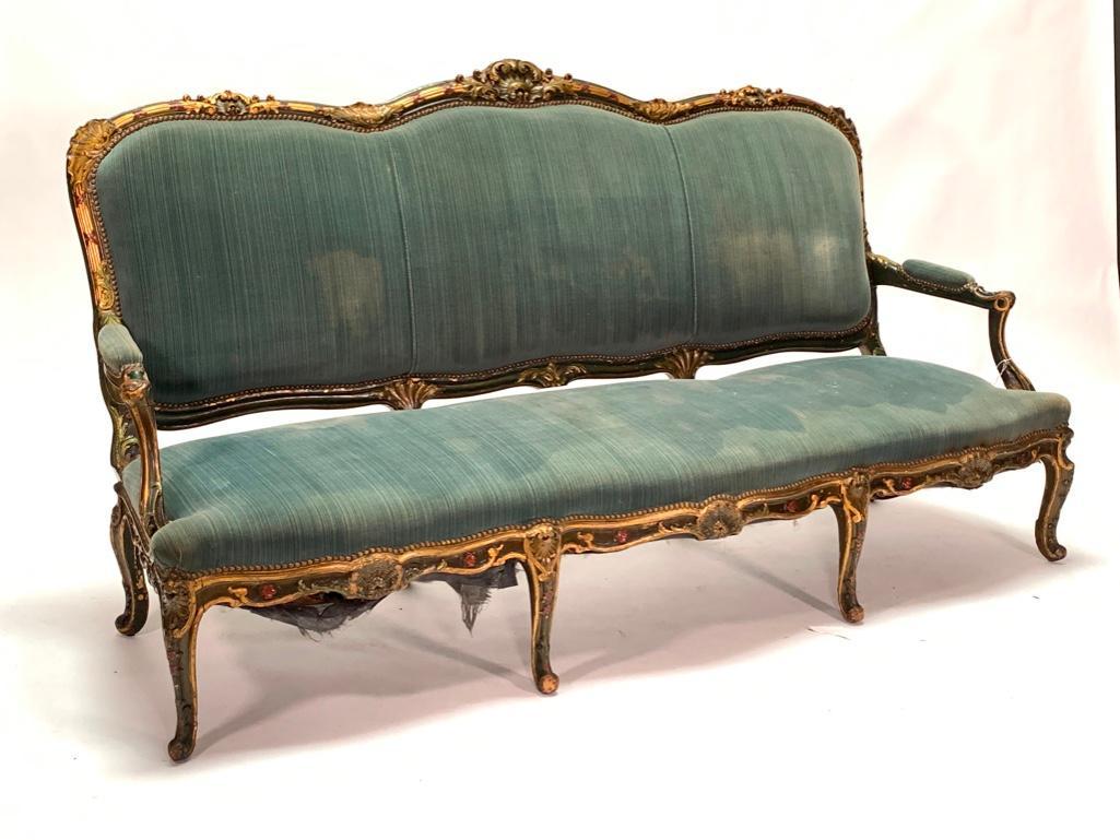 Venetian Baroque Style Canape: Venetian Baroque Style Canape, late 19thc. polychromed and gilded, the shaped upholstered backrest with a crestrail carved with shell and scroll forms, over carved and padded arms, over shaped upholst