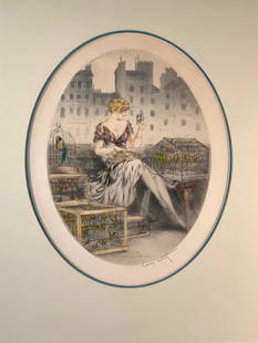 Louis Icart Etching " Bird Seller": Louis Icart (French, 18888-1950) "Bird Seller, " 1929, etching and aquatint, signed in pencil lower right, copyrighted and dated in the plate, matted and framed. Dimensions: 19 x 14 in. image size