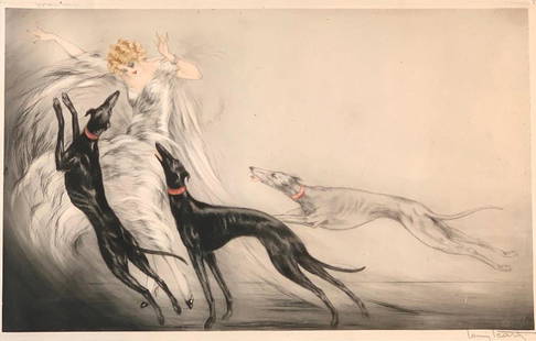 Louis Icart Etching, "Coursing II": Louis Icart (French 1888-1950) "Coursing II " 1929, etching in color with aquatint, signed in pencil, lower right, copyrighted and dated in the plate, with windmill blindstamp, lower right, matted and