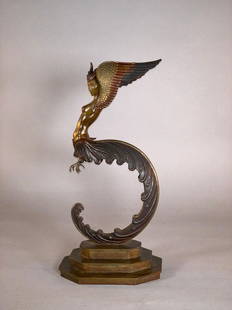 Erte Bronze, "Firebird": Erte (Romain de Tirtoff, Russian/French ) "Firebird," 1980, bronze with patination, signed, with foundry mark for R.K.Pint Corp, dated 1980, numbered 126/250, with impressed logo. Dimensions: 16 x 8