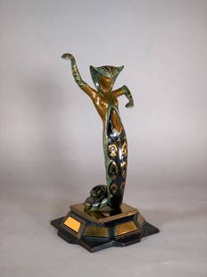 Erte Bronze "La Jalousie": Erte (Romain de Tirtoff) (Russian/French 1892-1990) "La Jalousie," 1980, cold painted bronze with patina, signed Erte, with foundry mark for RKP. INT. CORP. numbered 125/300. Dimensions: 15 x 7 x