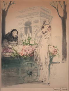 Louis Icart Etching "Flower Vendor": Louis Icart (French 1888-1950) "Flower Vendor," 1928, etching and aquatint, signed in pencil lower right, with windmill blindstamp, copyrighted and dated in the plate, matted and framed. Dimensions: