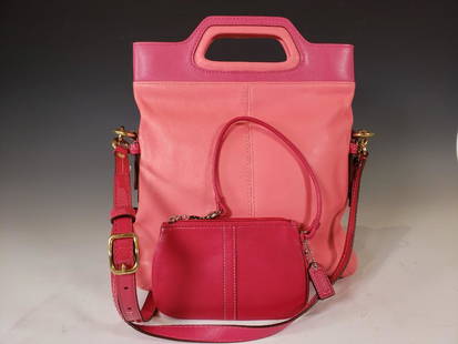 Coach Bonnie Leather Foldover Crossbody, Coral/Fuschia: Coach® Bonnie Leather Foldover Crossbody, Coral/Fuschia, with small raspberry wristlet and dust cover. Fuchsia, Coral, and Raspberry Leather and Brass Hardware. Suggested Retail $278.00 