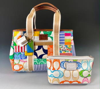 Coach Logo Patchwork Tote Bag & Multicolour Pouch NWT: Two Coach® Bags; a multicolored canvas patchwork small tote, together with a signature scribble cosmetic case. Patchwork Multicolour Canvas, Cognac Leather Trim and Palladium Hardware. Tote Model Num